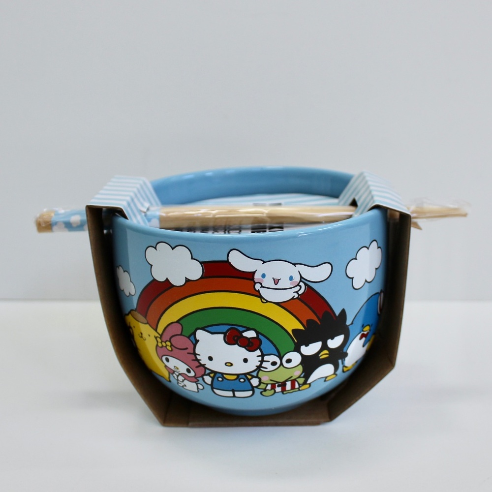 Sanrio Hello Kitty & Friends Blue Ceramic Ramen Noodle Bowl with Chopsticks 20oz